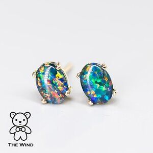 Minimalist Oval Australian Triplet Opal Stud Earrings 14k Yellow Gold